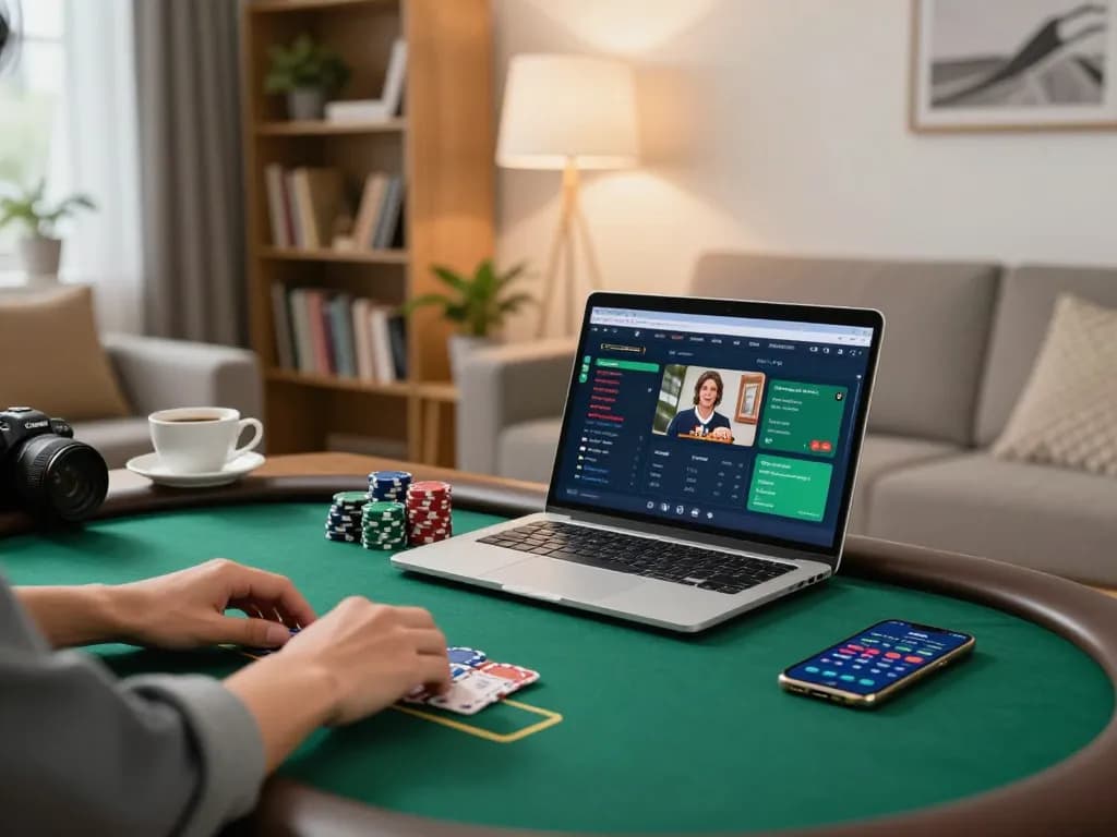 Player engaging with 789win poker game on a laptop at home, chips stacked in front, relaxed atmosphere.