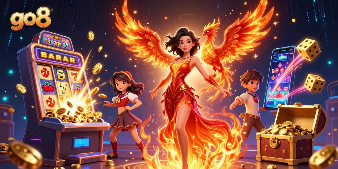 Win big at go8 with a stunning casino scene featuring dynamic characters and vibrant gaming elements.