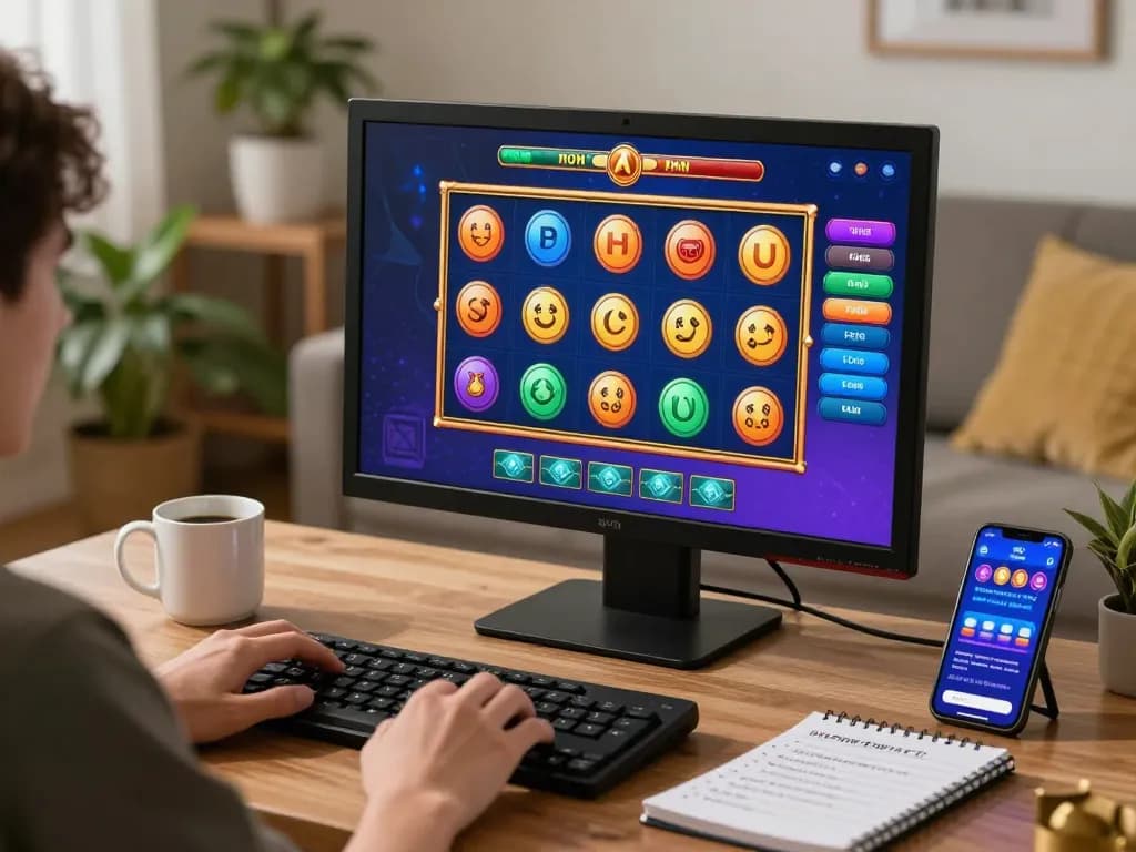 Engaging player enjoying nohu slot games with vibrant online gaming setup in a cozy home