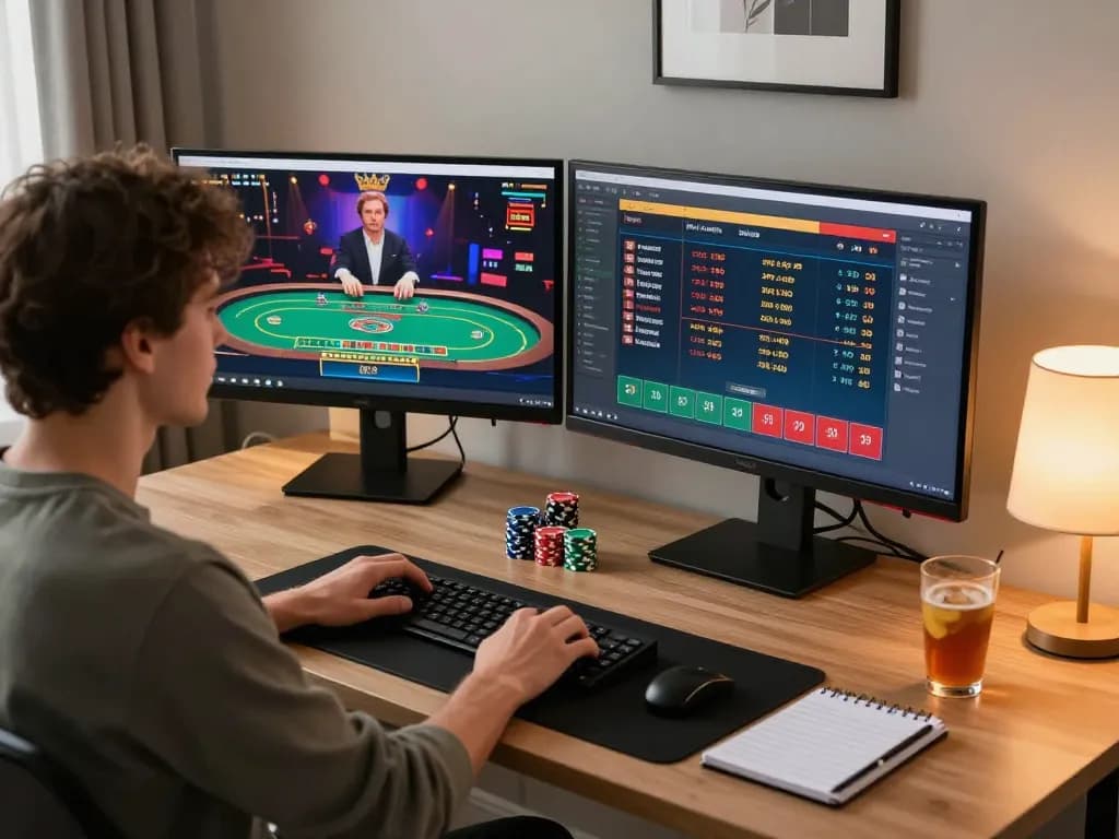 Engaging with TG88 CAM's online casino games at a modern home office gaming setup.