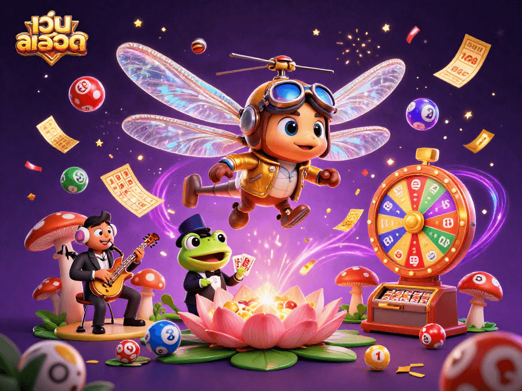 Experience the thrill of เว็บสล็อต as a dragonfly pilot hovers over a lively lily pad casino.