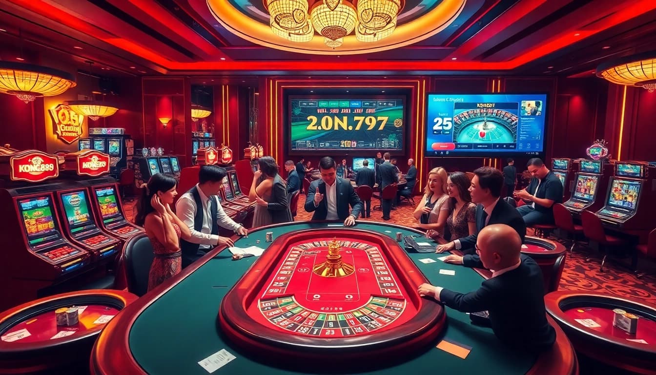 KONG88 gaming table featuring enthusiastic gamblers in a luxurious casino setting.