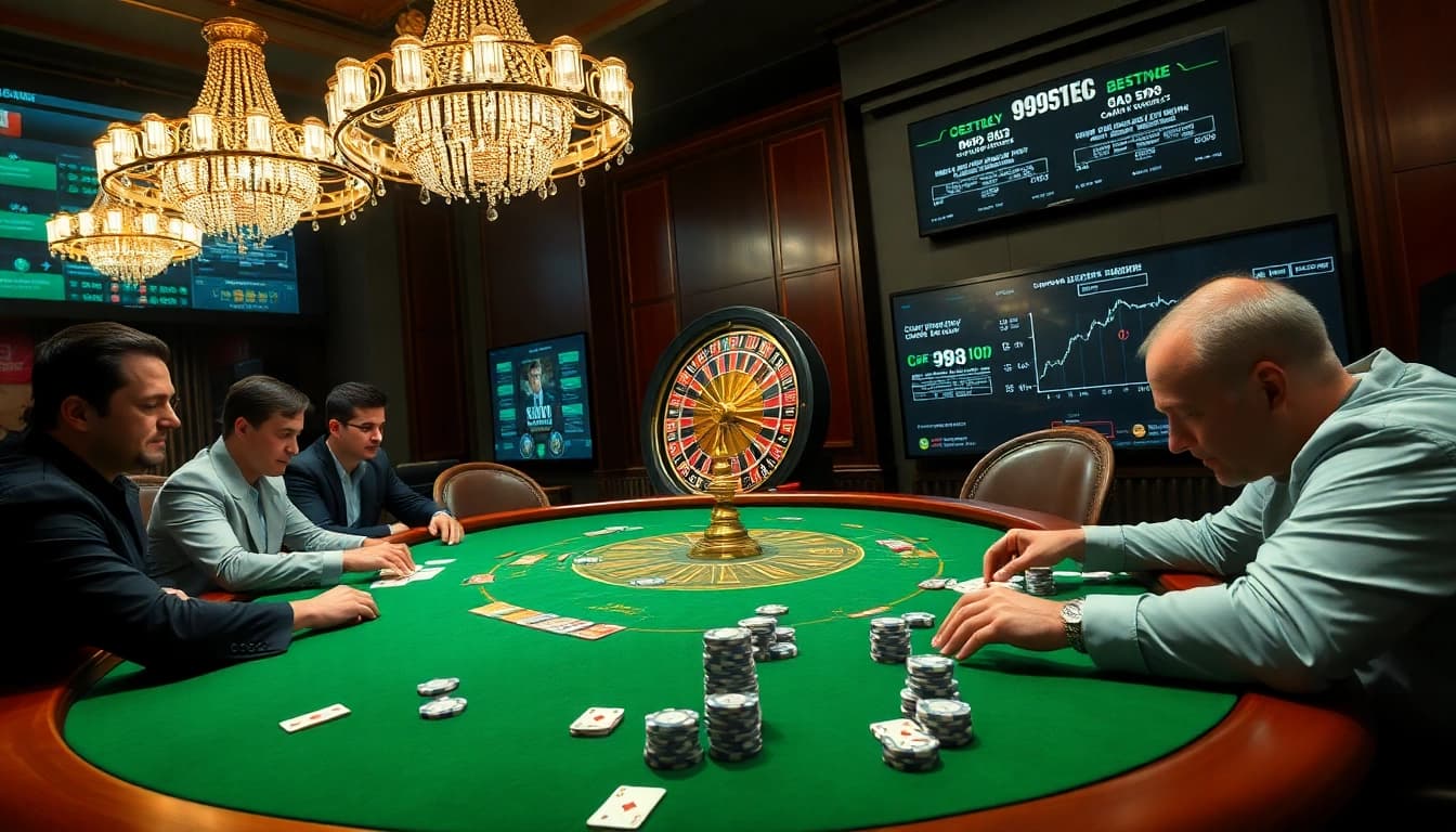 Engaged players at a high-stakes poker table, with a luxurious casino atmosphere reminiscent of 99ok com.