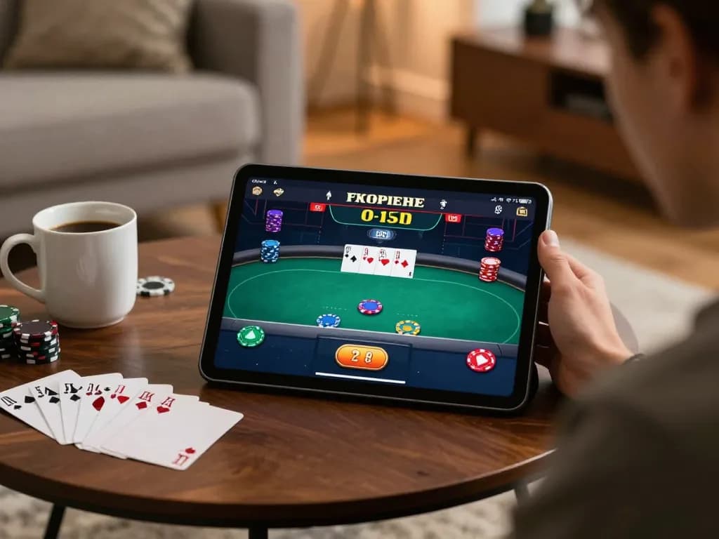 Engaged user playing tip88 poker on tablet in cozy living room.