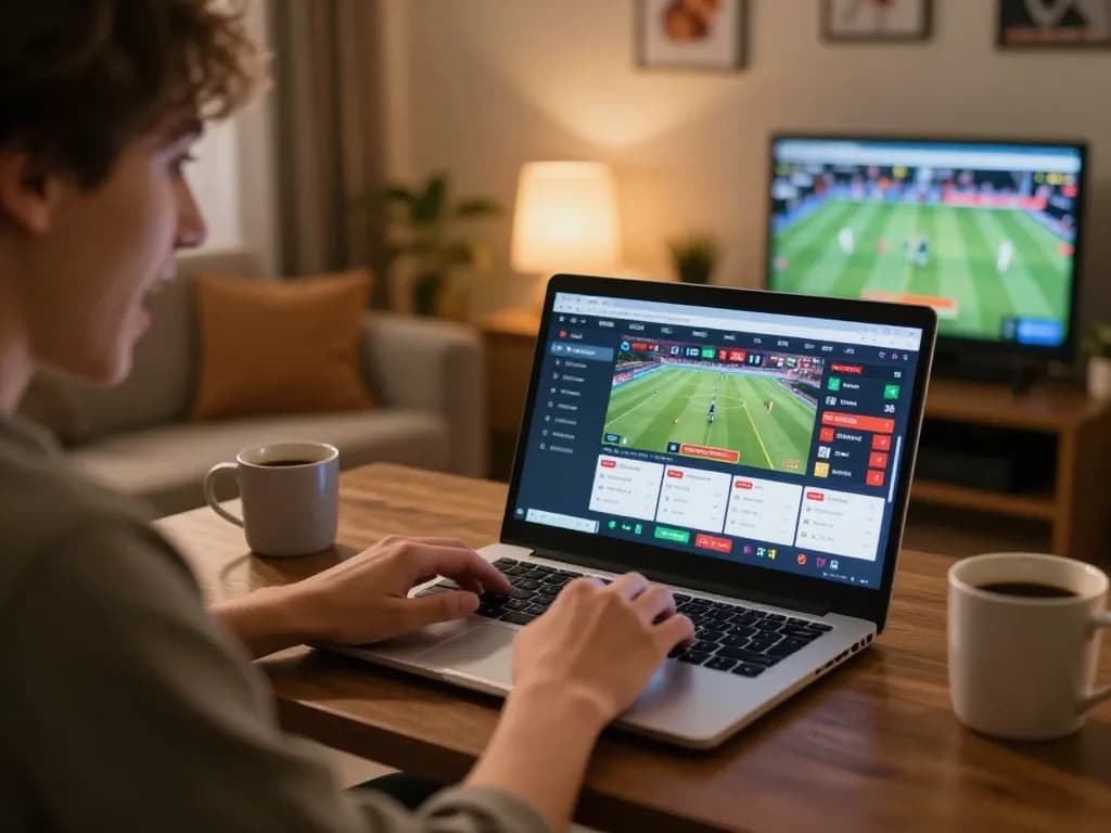 Socolive sports betting at home, showcasing a person excitedly engaging with betting interfaces on their laptop.
