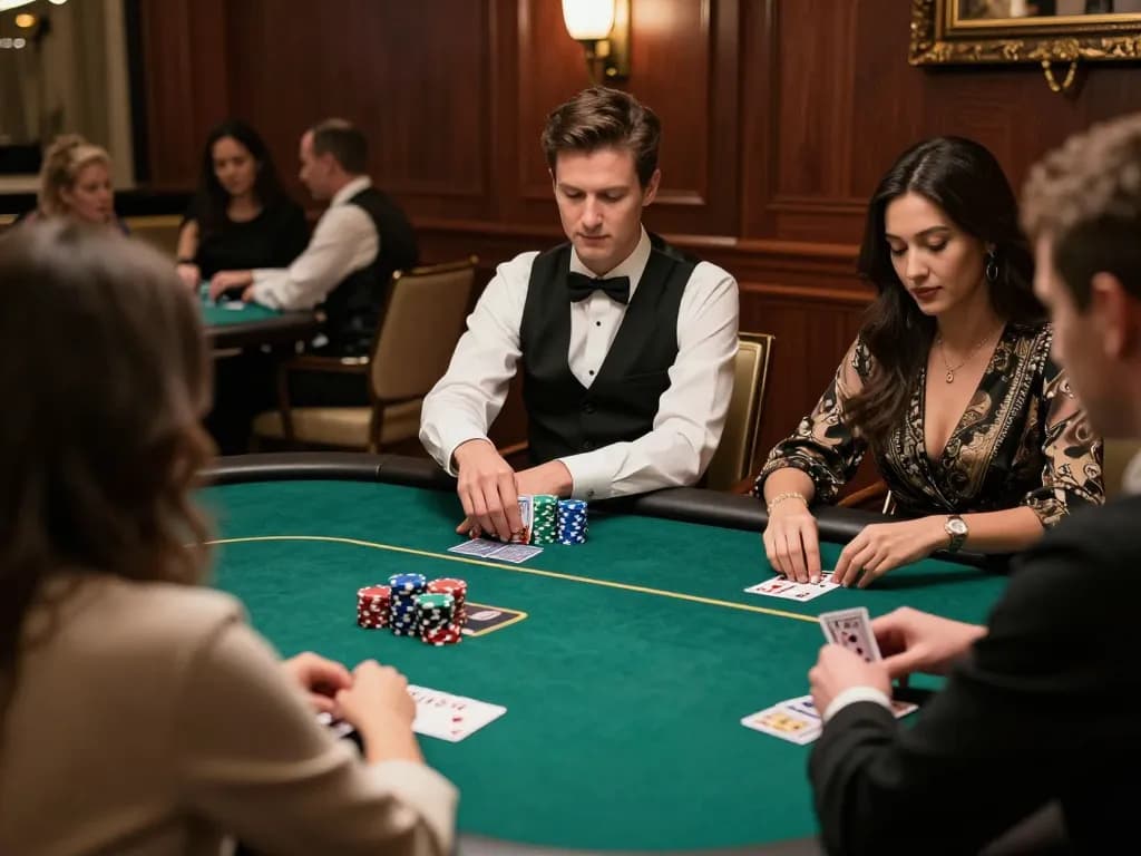 Players engaging in strategic poker gameplay at 100VIP, highlighting excitement and focus in an upscale casino atmosphere.