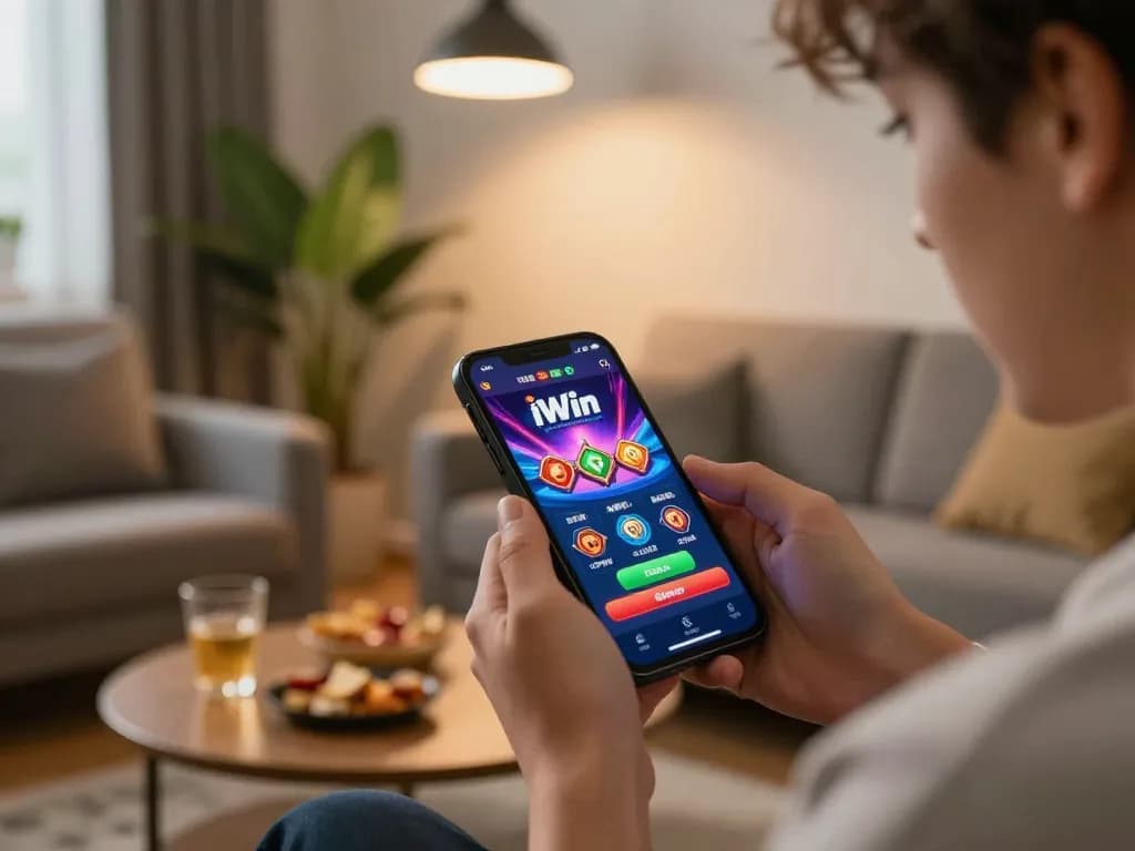 Engaging with iWin mobile casino app in a cozy living room while placing bets