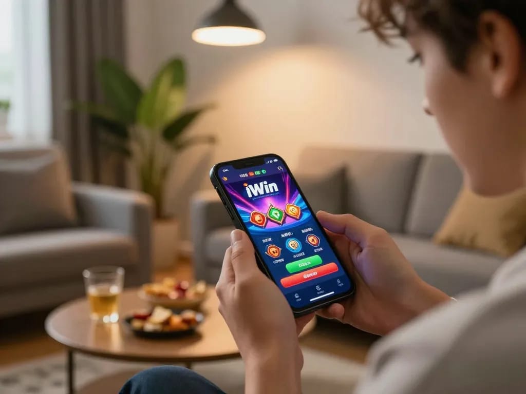 Engaging with iWin mobile casino app in a cozy living room while placing bets