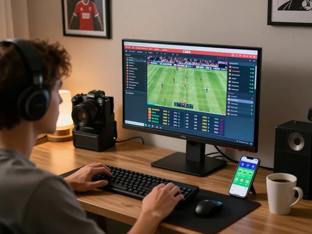 Engaging in sports betting using Bsport app on a sleek setup with live odds display.