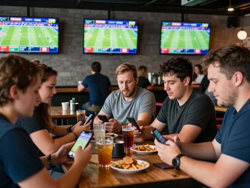 Sports betting excitement at pageonelit with patrons actively placing bets in a modern sports bar.