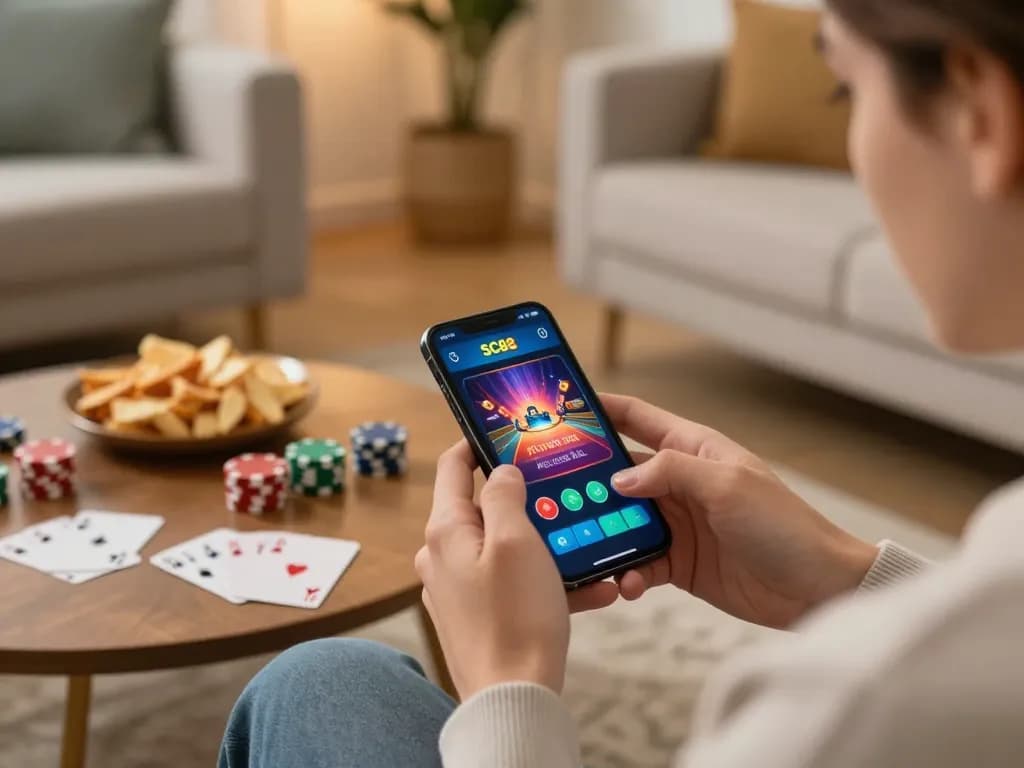Playing SC88 casino app on mobile, engaged in an online gambling experience with a cozy atmosphere.