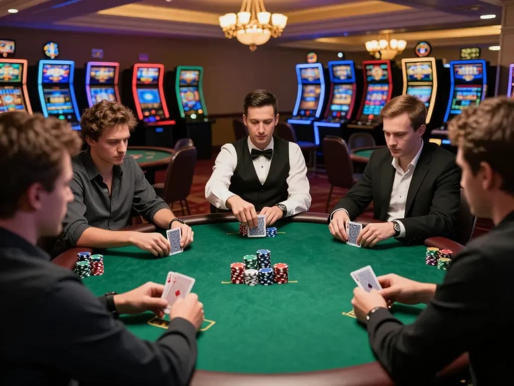 Players strategizing in a high-stakes poker game at a casino featuring dinamit4d.