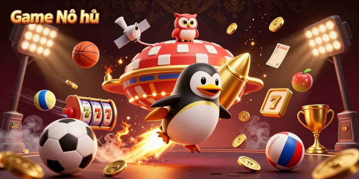 Engage in exciting Game Nổ hũ with the golden penguin amidst dynamic slot reels and vibrant gambling elements.