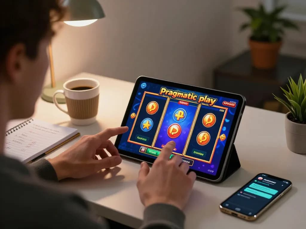 Enjoying Pragmaticplay slot games on a tablet in a cozy home office.