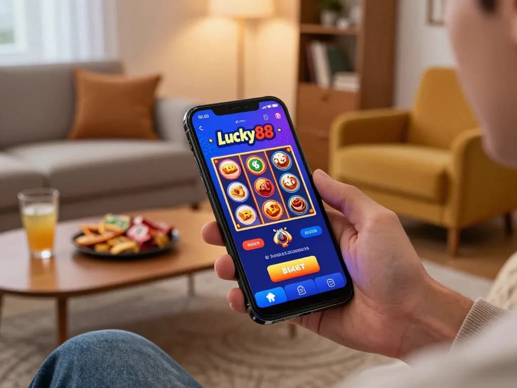 Engaging in thrilling gameplay on the Lucky88 app while enjoying a cozy home atmosphere