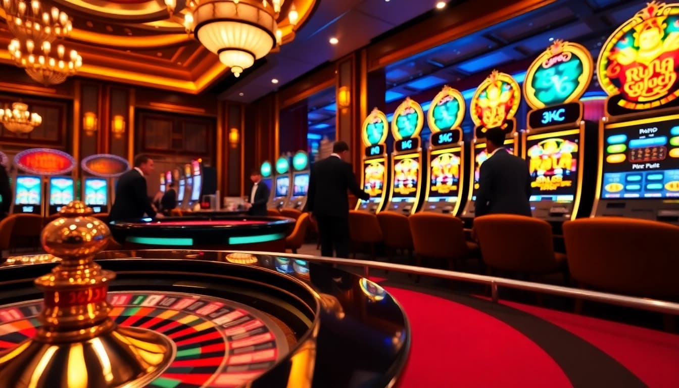 Experience the raja luck excitement at a luxurious casino with vibrant gaming tables.