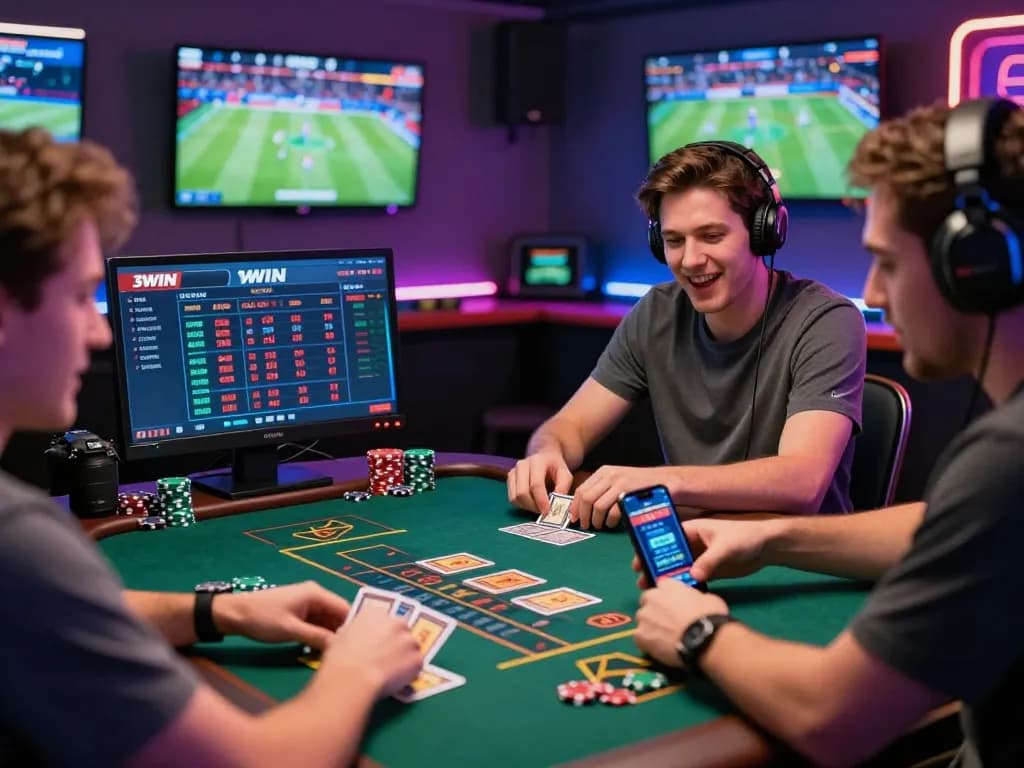 Friends engaging in online gambling on the 3win platform, showcasing a vibrant casino experience.