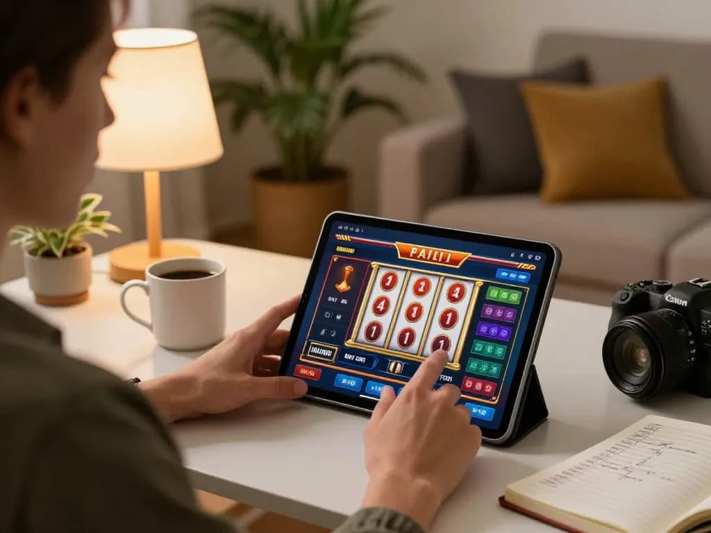 Engaged player at home using jus77 casino app on tablet while managing betting strategy notes.