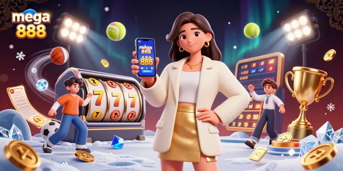 Win big with mega 888 slots in a vibrant casino-themed illustration showcasing thrilling gameplay.