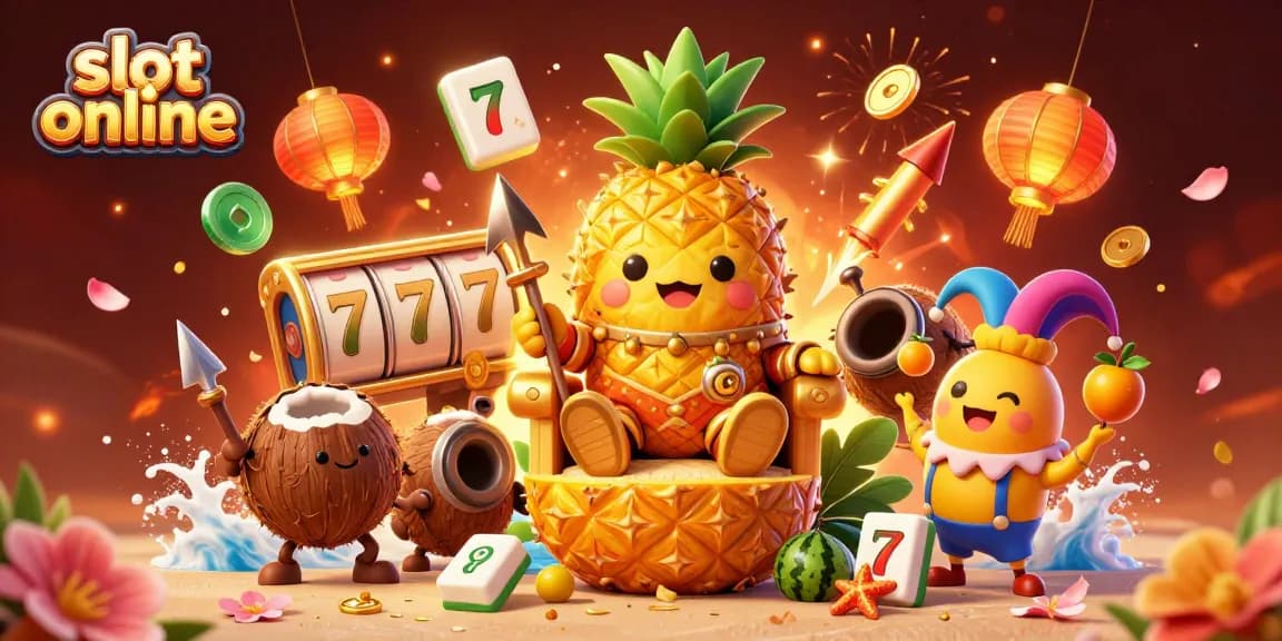 Experience the excitement of slot online with a vibrant 3D illustration showcasing a golden pineapple king and playful casino elements.
