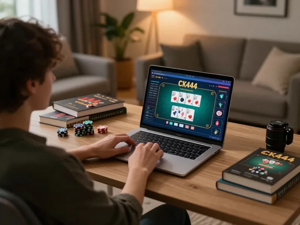 Player engaged in CK444 online poker game, showcasing strategy in a cozy home setting