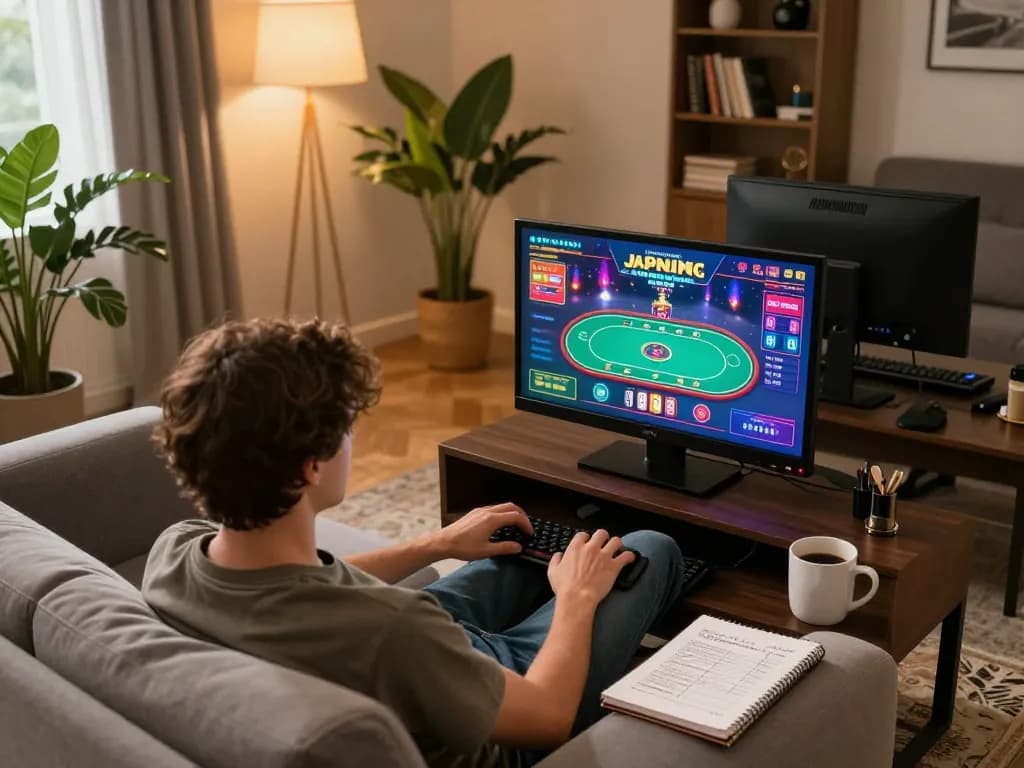 Person playing poker on ww88 from a cozy home setup, showcasing online gaming experience