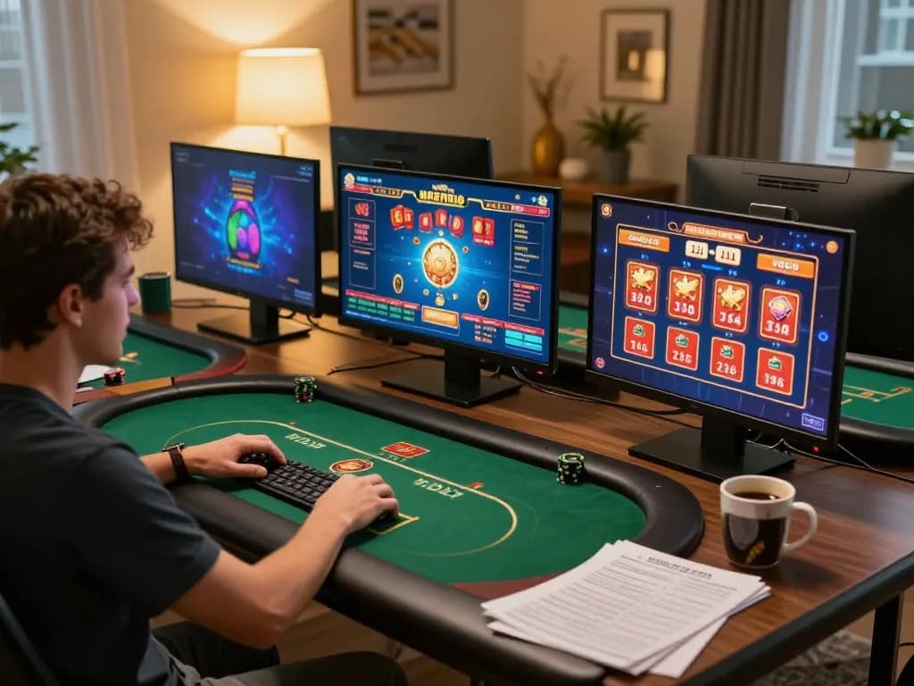 Player engaging with online casino games at https://shbetac.co in a cozy home setup with strategy notes.