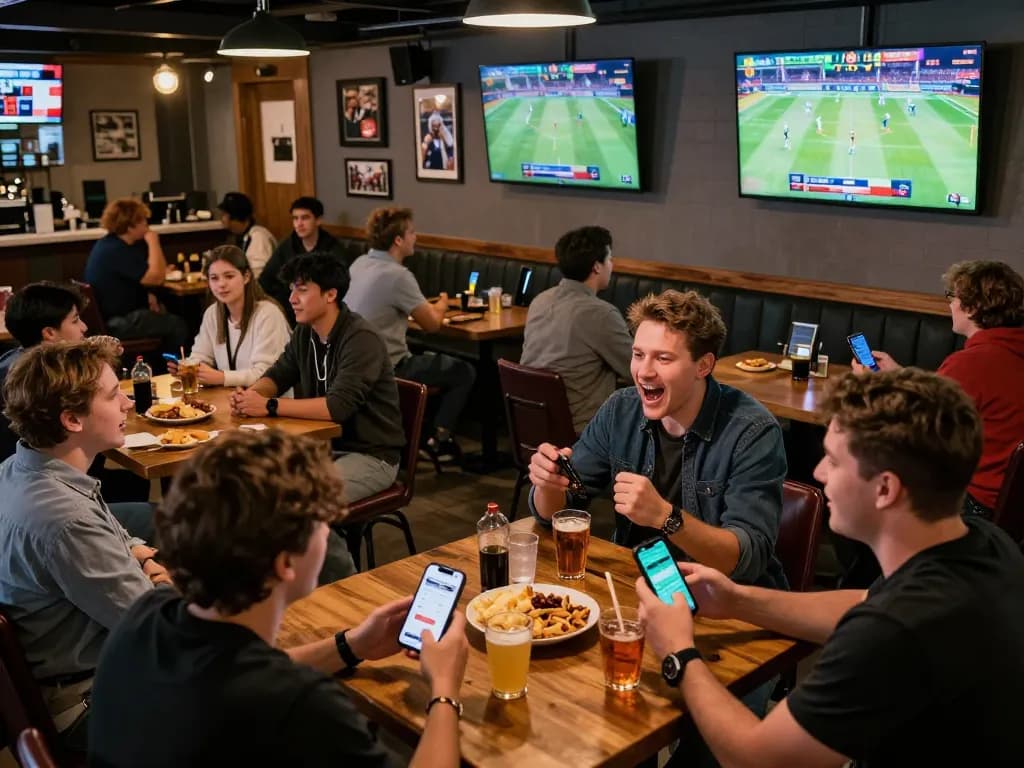 Engaged patrons cheer while using the debet app for live sports betting in a lively bar atmosphere.