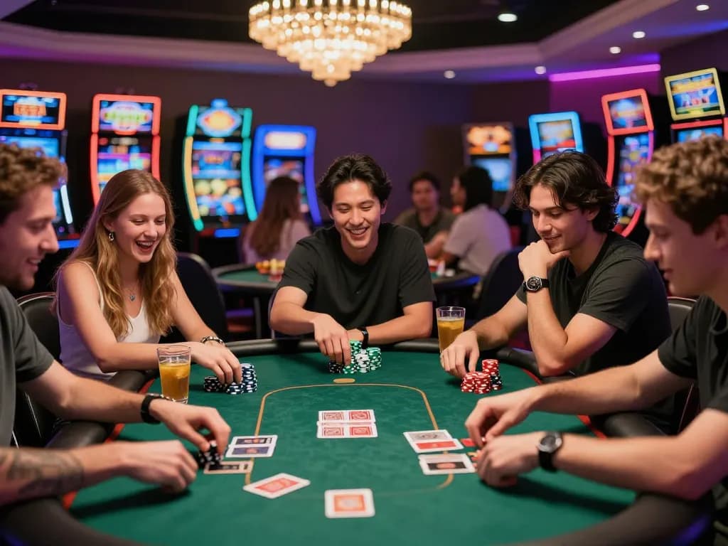 Casino NK88 lively poker game with friends, vibrant lights and excitement.