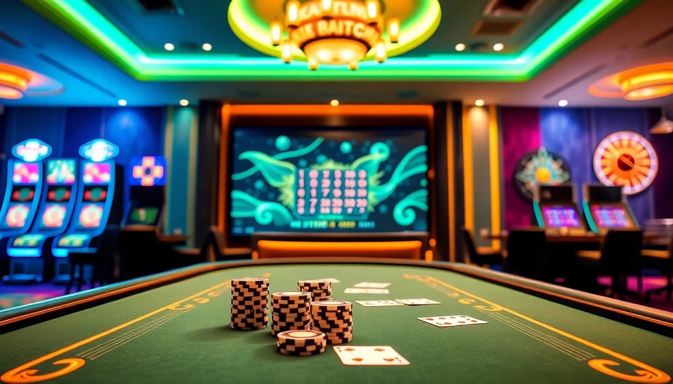 Experience the thrill of 99ok đăng ký at a luxurious online casino with vibrant visuals of poker games.