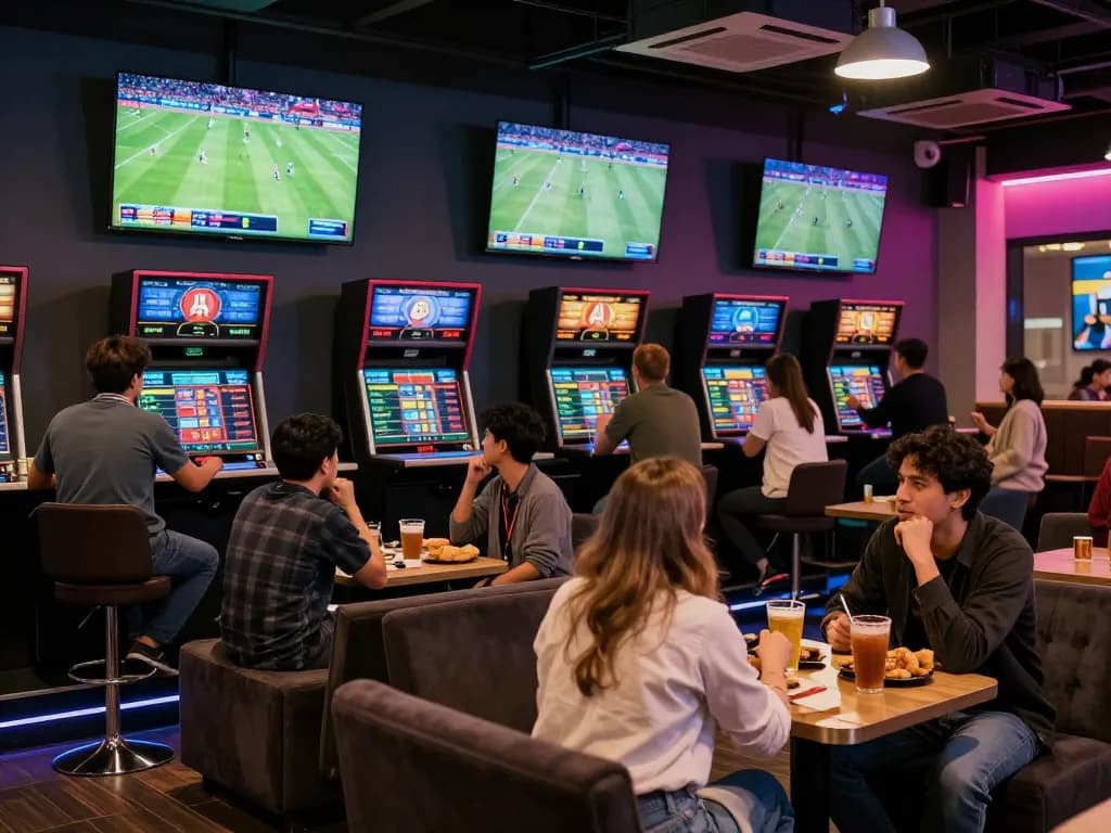 Patrons placing bets at cm88 sports lounge, celebrating dynamic live game stats.