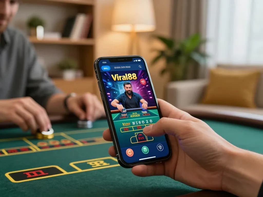 Experience the excitement of viral88 with live dealer action on a smartphone, set in a cozy home.