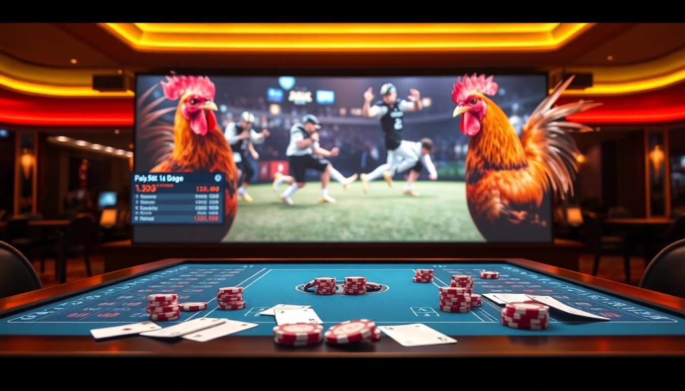 Betting on đá gà ee88 with vibrant visuals of game cocks and dynamic odds displayed.