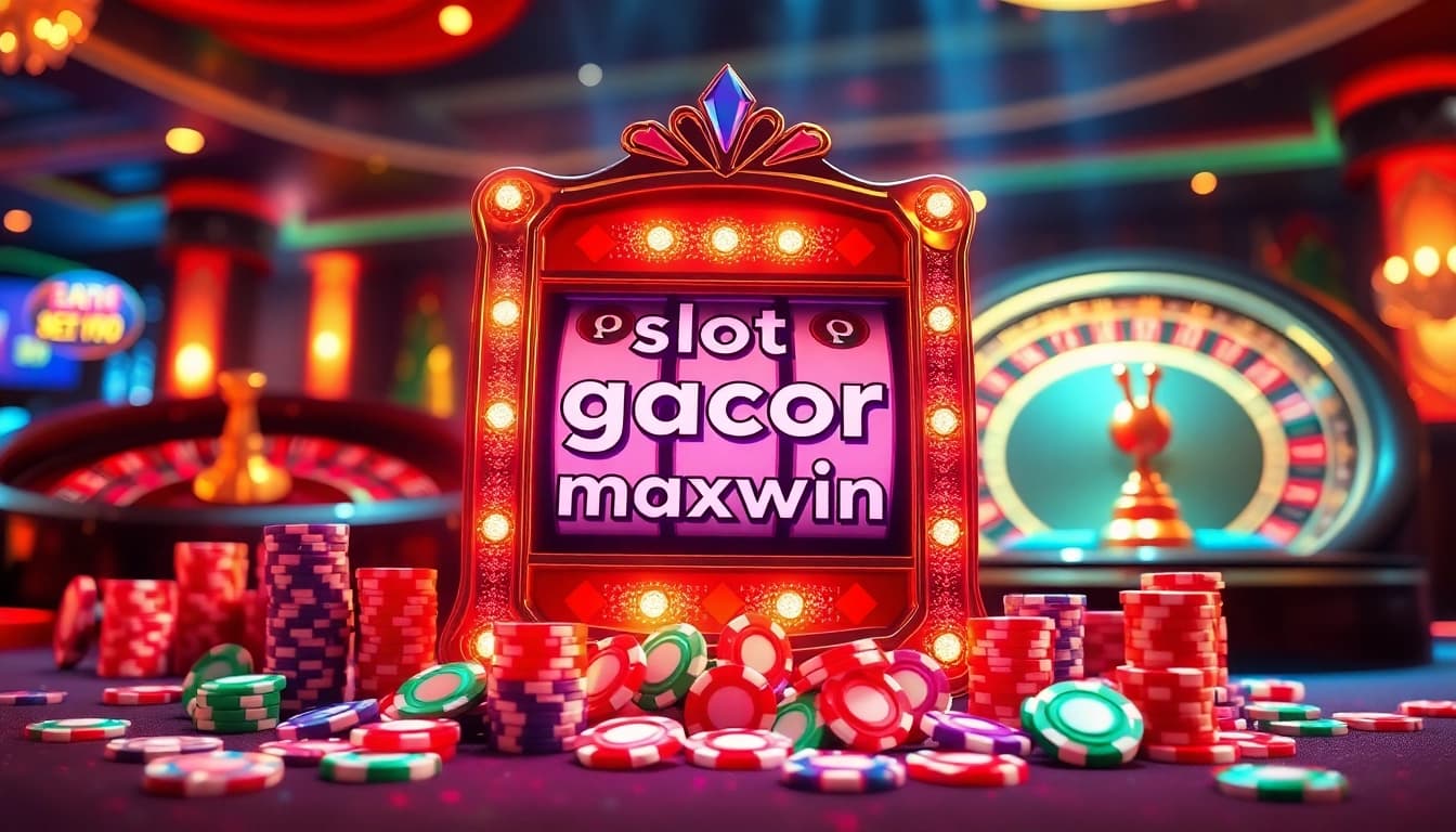 Putar mesin slot gacor maxwin yang berwarna-warni dikelilingi oleh chip berwarna di suasana kasino yang elegan.