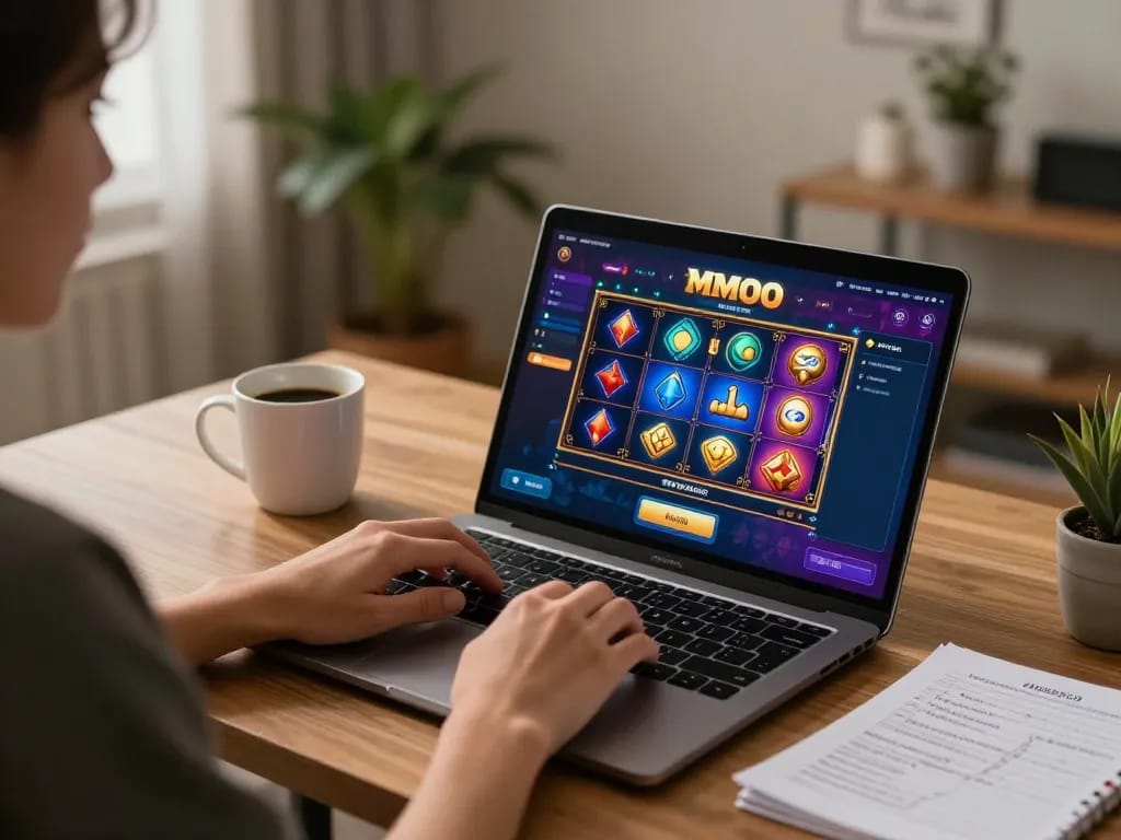 Player engaging in MMOO online slots from stylish home office, showcasing a responsible gambling experience