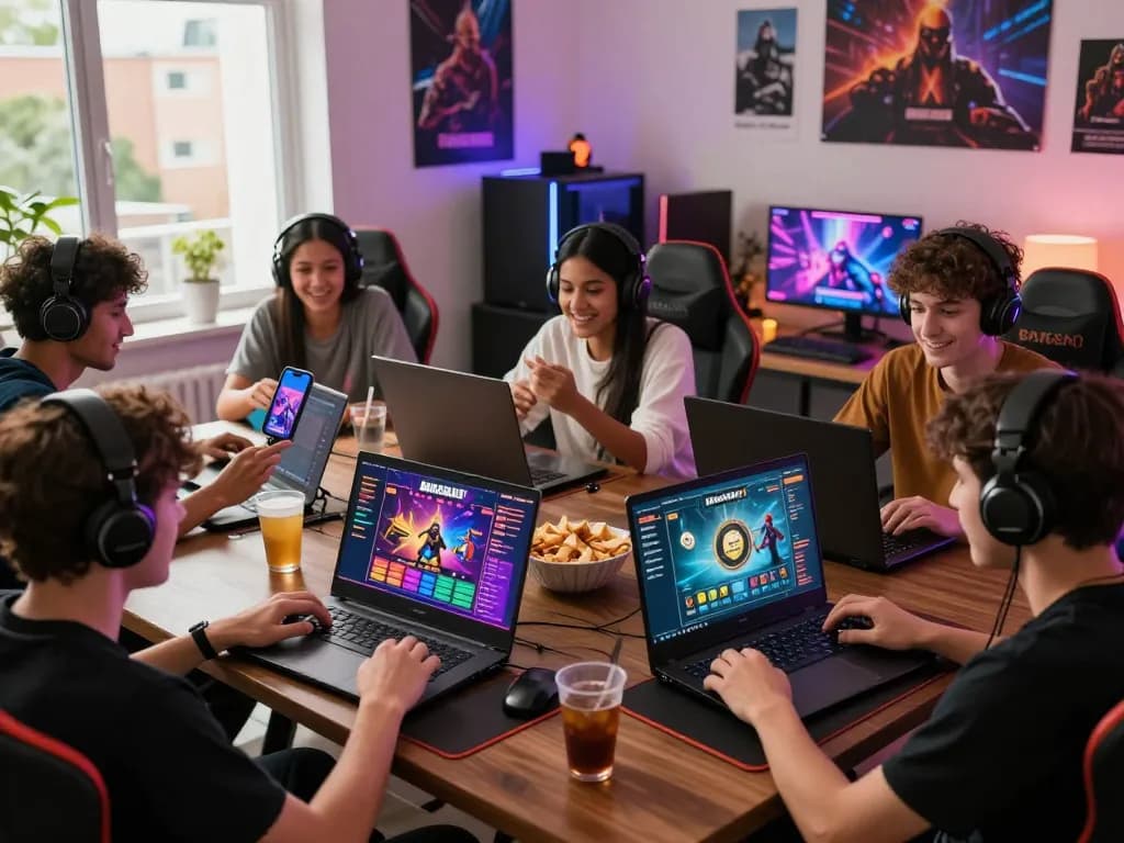 Excited players enjoying Barcaslot online games on laptops and smartphones in a vibrant gaming setup.