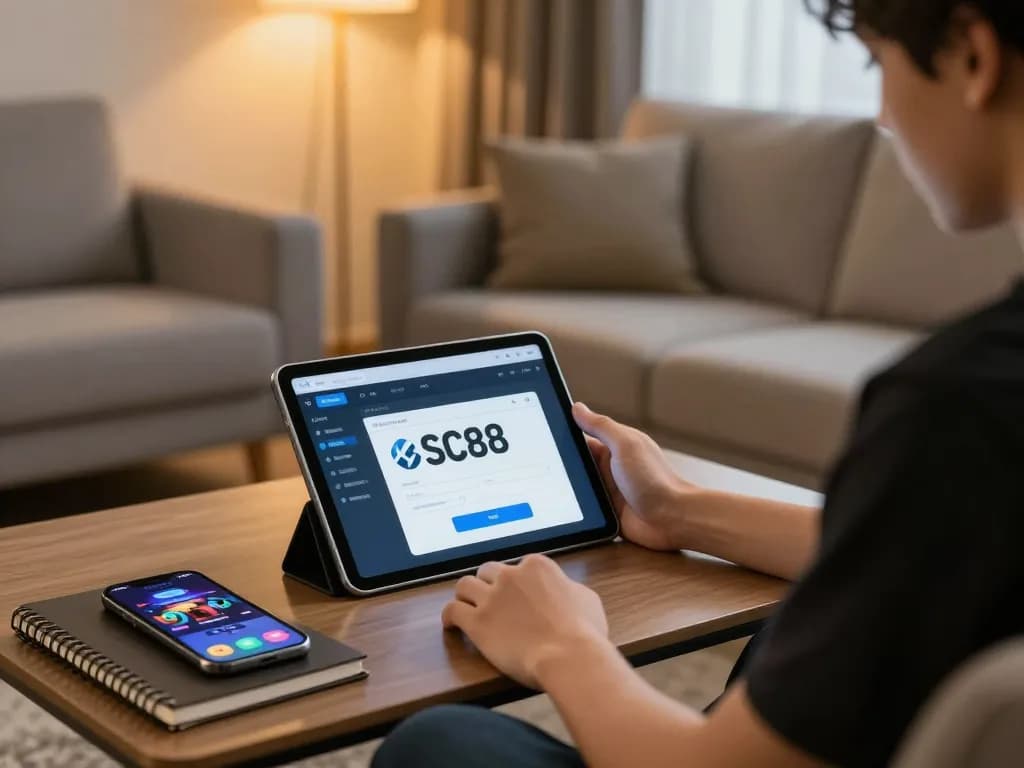 SC88 đăng nhập on a tablet while enjoying a comfortable home gaming session with notes