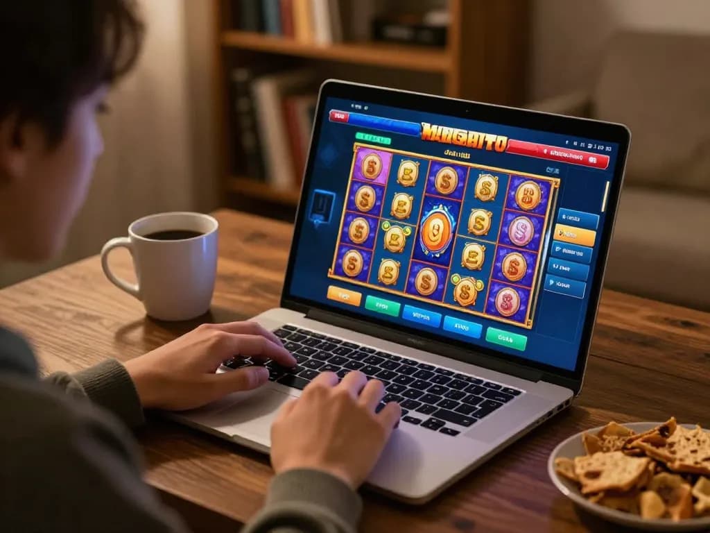 Pemain menikmati permainan slot online HARGATOTO yang mendebarkan di laptop di rumah, dikelilingi oleh camilan dan suasana yang nyaman