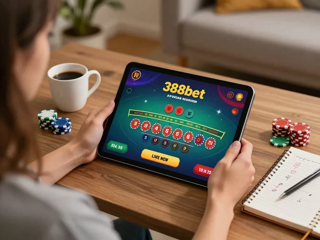 Engaged player using 388bet for online blackjack, showcasing a strategic gaming setup at home.