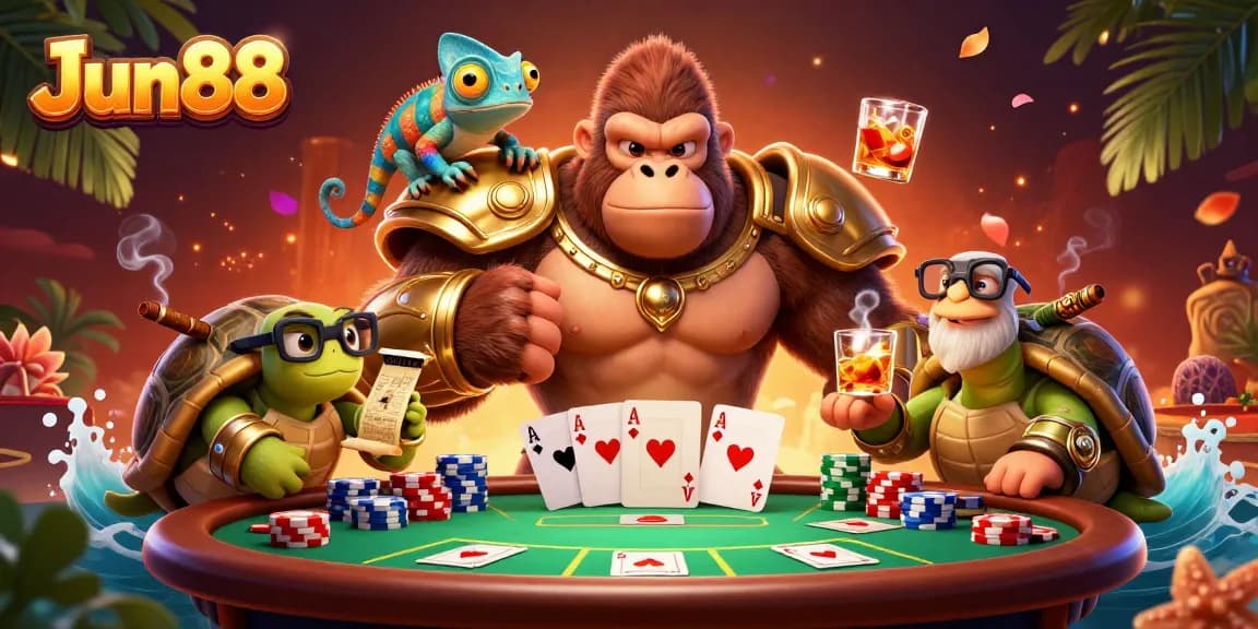 Experience thrilling poker action with Jun88 featuring a gorilla in gold armor and casino vibes.