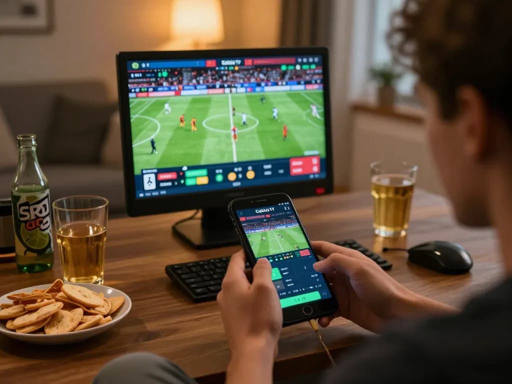 Cakhia TV app showing live sports betting action on a mobile device in a cozy home setting