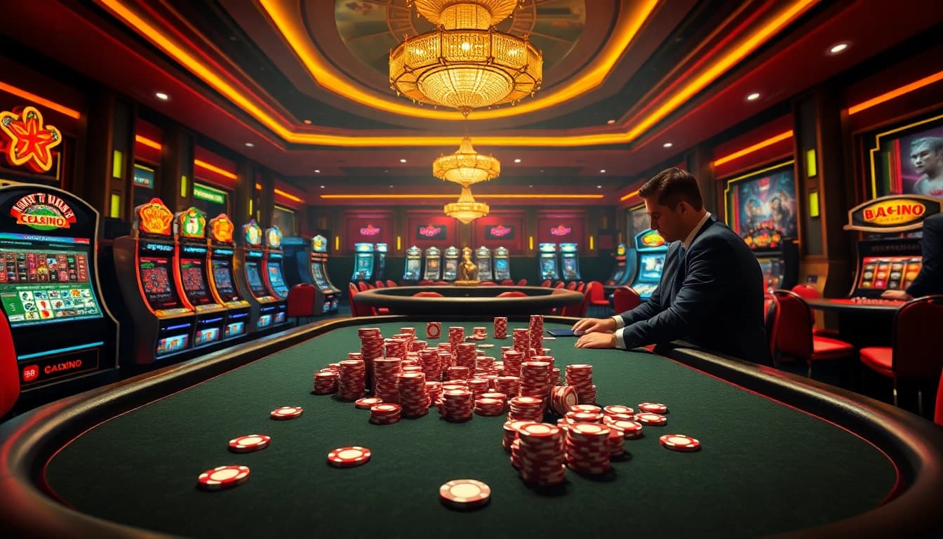 High-stakes poker game at 8xx com casino with dealers and vibrant slot machines.