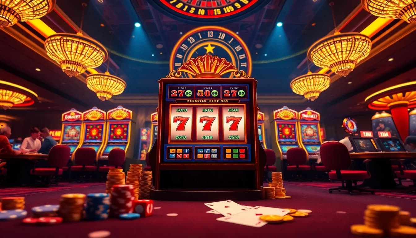 Experience thrilling gameplay on a vibrant slot gacor machine surrounded by colorful casino elements.