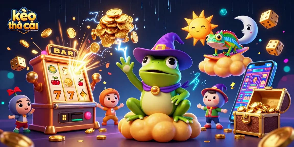 Experience thrilling moments with kèo nhà cái as the weather wizard frog conjures golden coins in a vibrant casino scene.