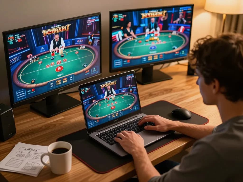 Player immersed in an intense online poker game at home using tg88, showcasing a sophisticated gaming setup.
