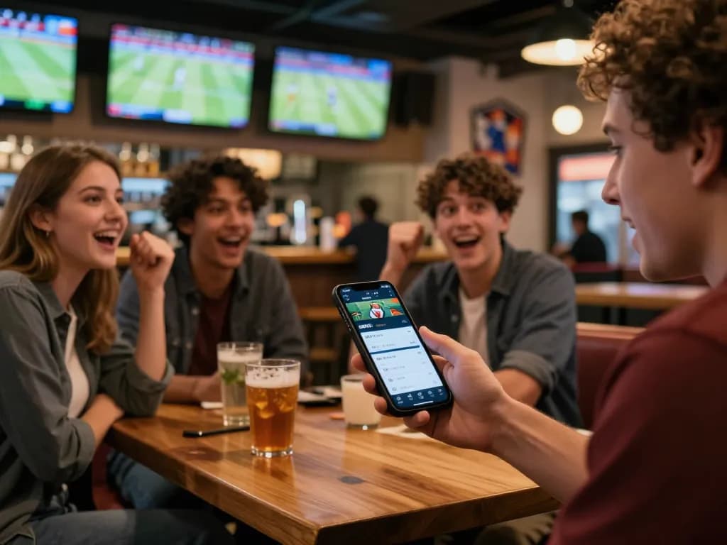 Pencinta olahraga yang terlibat memeriksa skor taruhan langsung SPBO di aplikasi seluler di bar olahraga yang ramai.