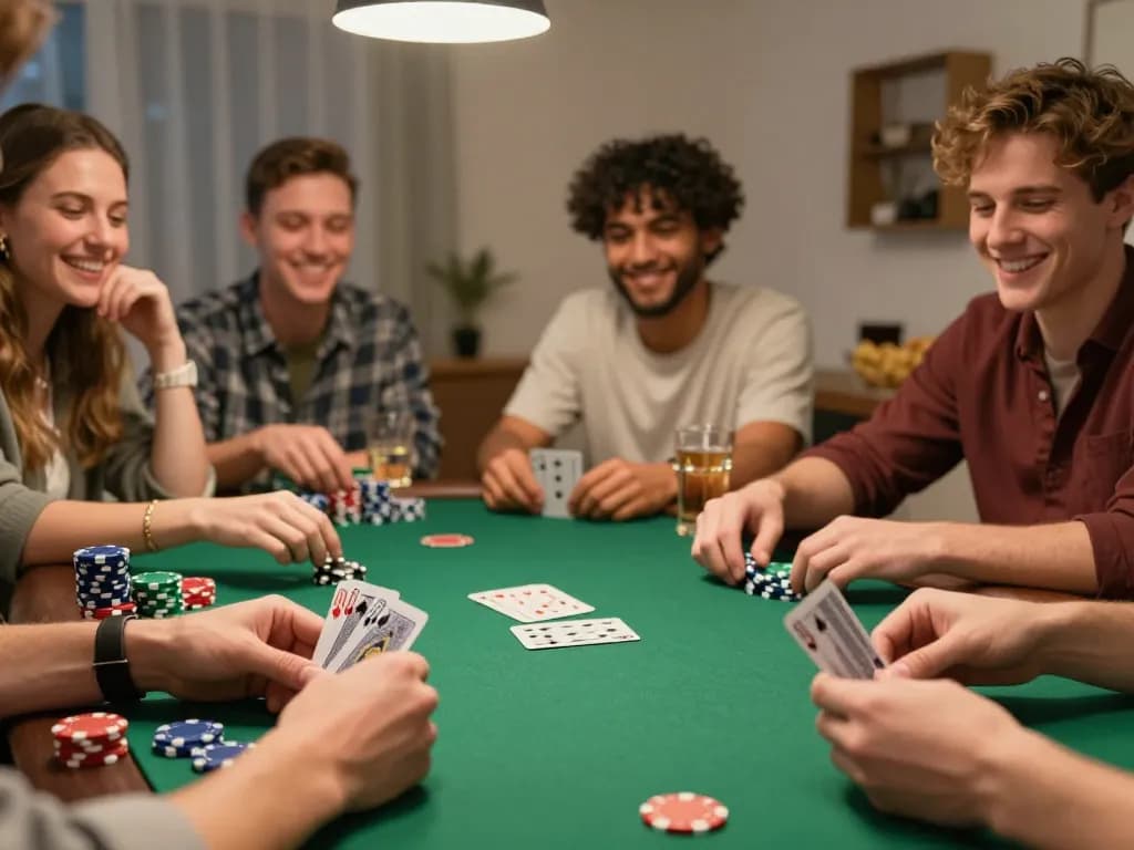 Gathering of friends playing poker at home, showcasing engaging gameplay on gg88.com platform.