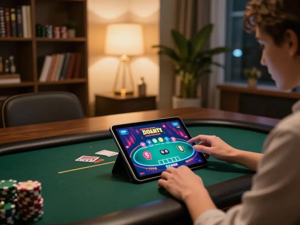Engaging poker gameplay on a tablet while exploring soc88 online casino options comfortably at home.