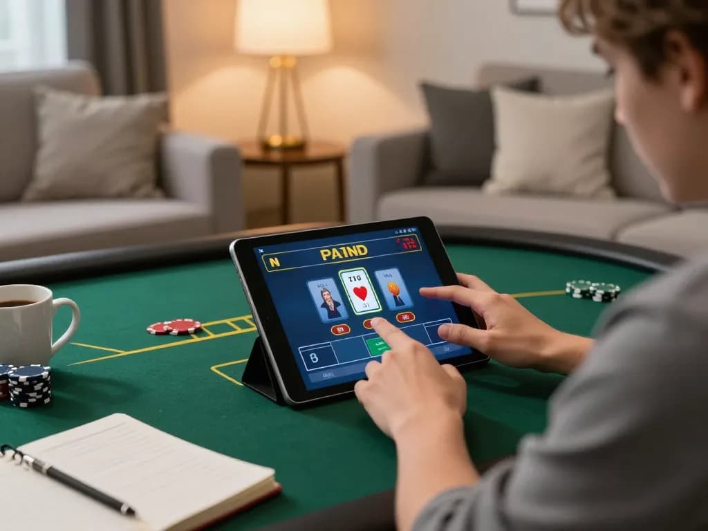Pemain yang terlibat menjelajahi permainan poker online Planet77 di tablet dalam pengaturan ruang tamu yang nyaman