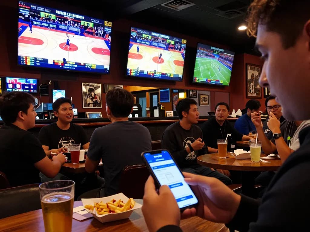 May88 app in action as a user places live sports bets during thrilling matches in a lively bar